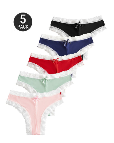 5-Pack Sexy Pure Cotton Lace Trim Thongs