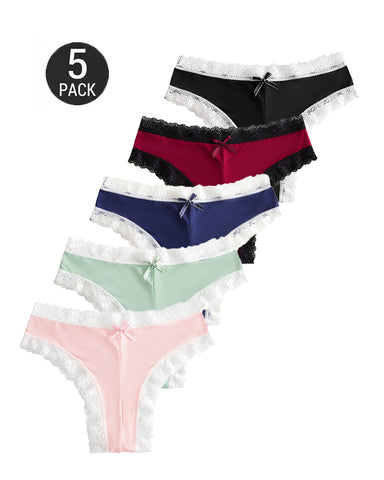 5-Pack Sexy Pure Cotton Lace Trim Thongs