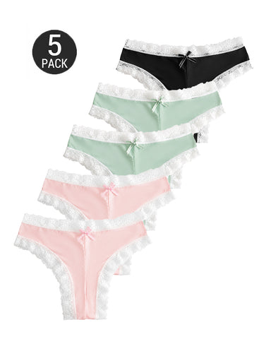 5-Pack Sexy Pure Cotton Lace Trim Thongs