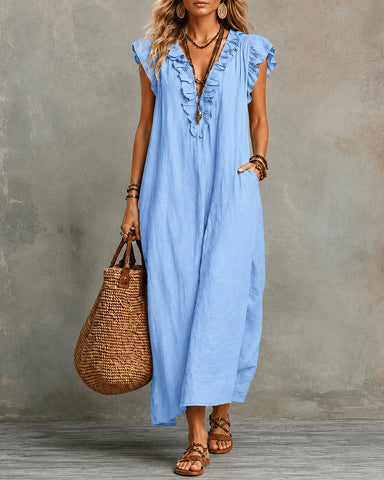 Cotton Linen V-Neck Maxi Dress
