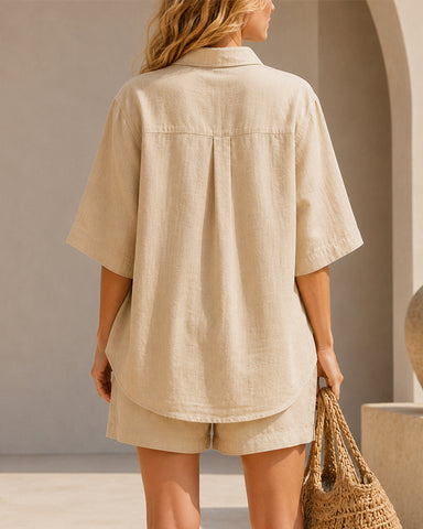 Casual Cotton Linen Collared Short Sleeve Top and Shorts Set