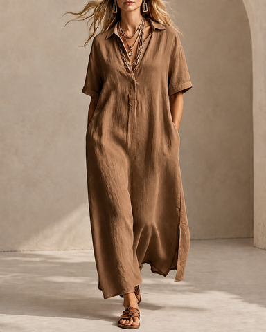 Casual Loose Cotton Linen Collared Short Sleeve Long Dress