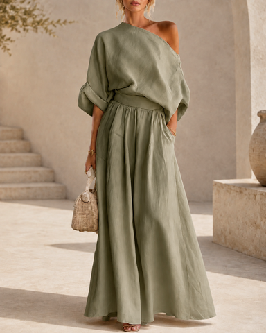 Elegant Cotton Linen Off-Shoulder Top and Wide-Leg Pants Set