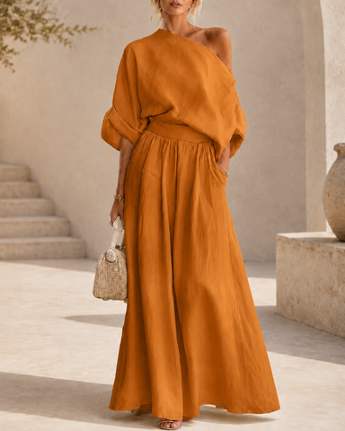 Elegant Cotton Linen Off-Shoulder Top and Wide-Leg Pants Set