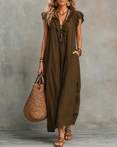 Cotton Linen V-Neck Maxi Dress