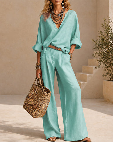 Casual Linen V-Neck Wide Leg Two-Piece Set