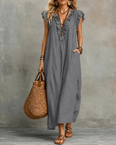 Cotton Linen V-Neck Maxi Dress