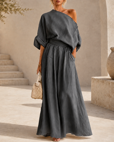 Elegant Cotton Linen Off-Shoulder Top and Wide-Leg Pants Set