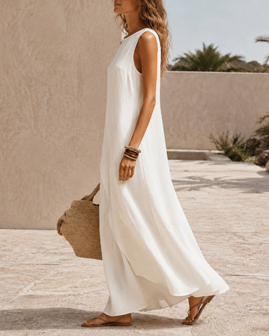 Casual Sleeveless Asymmetrical Hem Cotton Linen Long Dress