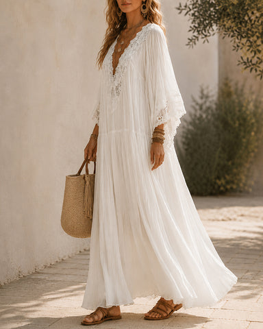 Deep V Lace Chiffon Batwing Sleeve Long Dress