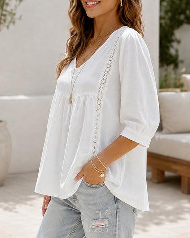 Casual Loose V Neck Cotton Linen Puff Sleeve Top