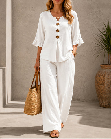 Button Detail Cotton Linen Set
