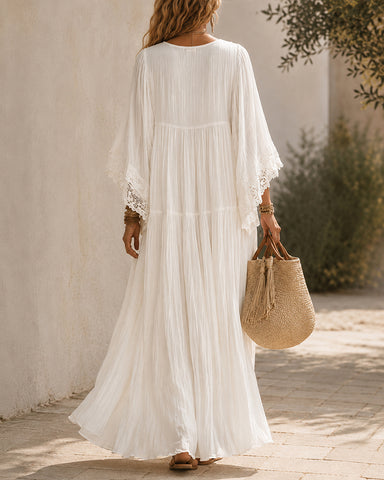 Deep V Lace Chiffon Batwing Sleeve Long Dress