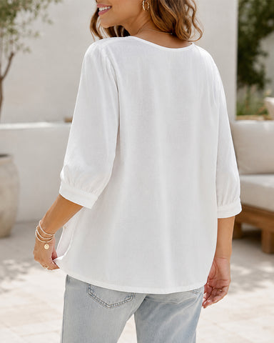 Casual Loose V Neck Cotton Linen Puff Sleeve Top