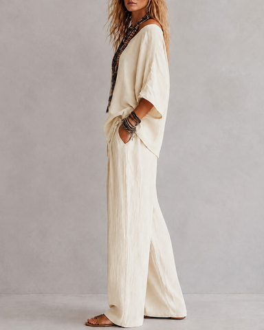 Casual Loose Linen Off-Shoulder Wide-Leg Set