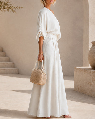 Elegant Cotton Linen Off-Shoulder Top and Wide-Leg Pants Set