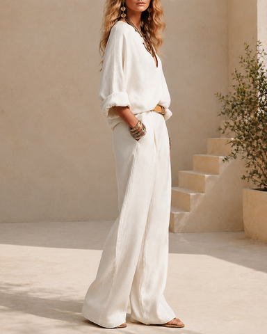 Casual Linen V-Neck Wide Leg Two-Piece Set