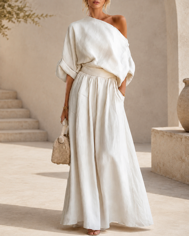 Elegant Cotton Linen Off-Shoulder Top and Wide-Leg Pants Set