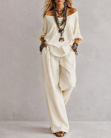 Casual Loose Linen Off-Shoulder Wide-Leg Set