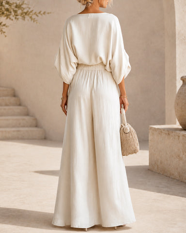 Elegant Cotton Linen Off-Shoulder Top and Wide-Leg Pants Set