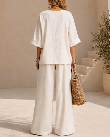 Casual Linen V-Neck Wide Leg Two-Piece Set
