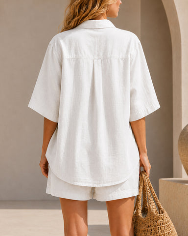 Casual Cotton Linen Collared Short Sleeve Top and Shorts Set