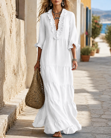 Bohemian Deep V Ruffle Casual Cotton Linen Long Dress