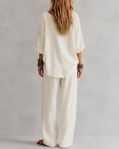 Casual Loose Linen Off-Shoulder Wide-Leg Set