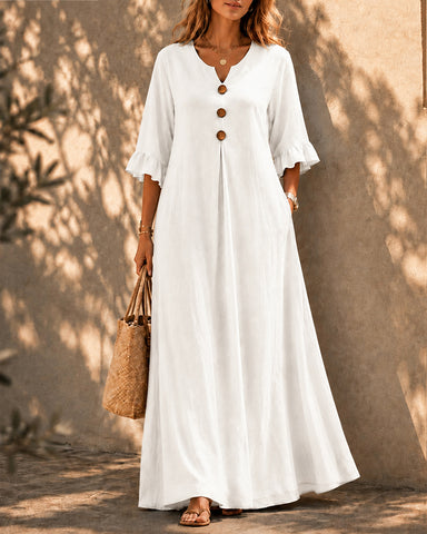 Casual Loose Cotton Linen Ruffled Sleeves Long Dress