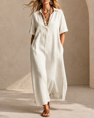 Casual Loose Cotton Linen Collared Short Sleeve Long Dress