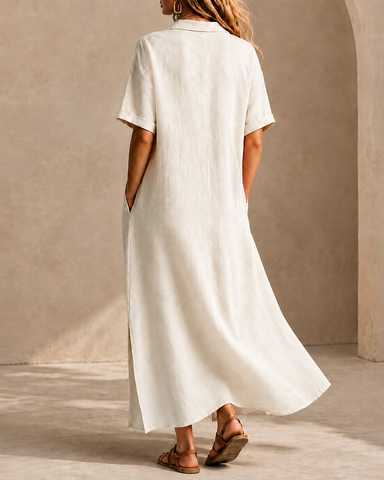 Casual Loose Cotton Linen Collared Short Sleeve Long Dress
