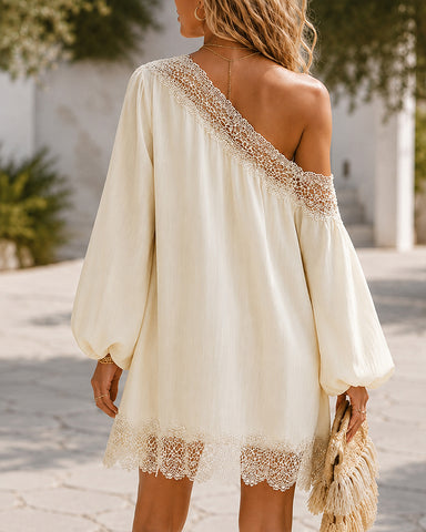 Off-Shoulder Lace Trim Chiffon Lantern Sleeve Dress