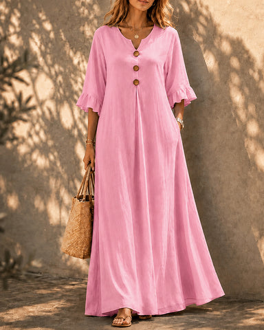 Casual Loose Cotton Linen Ruffled Sleeves Long Dress