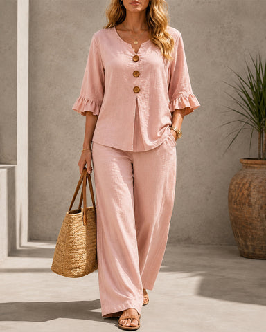 Button Detail Cotton Linen Set