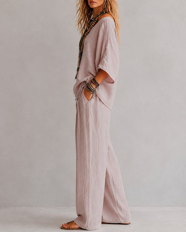 Casual Loose Linen Off-Shoulder Wide-Leg Set