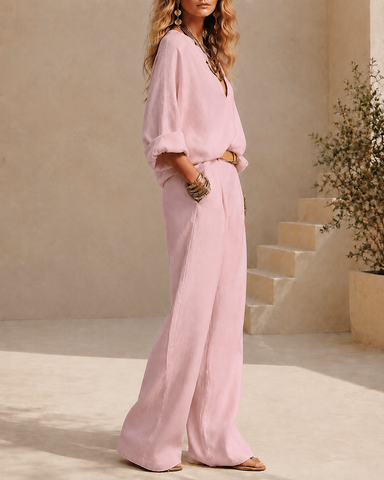 Casual Linen V-Neck Wide Leg Two-Piece Set