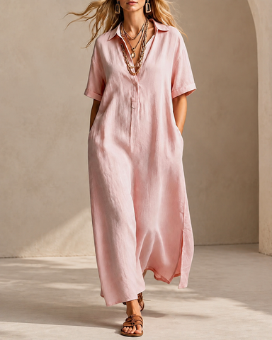 Casual Loose Cotton Linen Collared Short Sleeve Long Dress