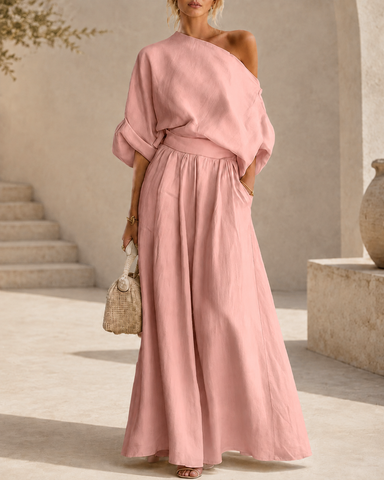 Elegant Cotton Linen Off-Shoulder Top and Wide-Leg Pants Set