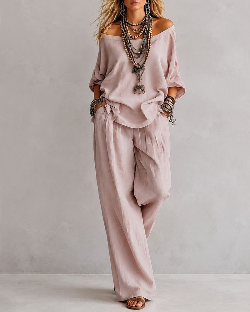 Casual Loose Linen Off-Shoulder Wide-Leg Set