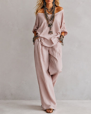 Casual Loose Linen Off-Shoulder Wide-Leg Set