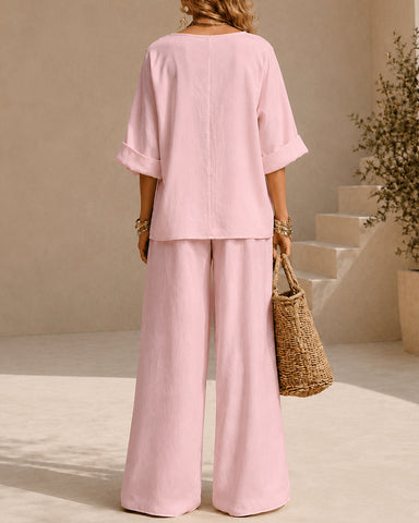 Casual Linen V-Neck Wide Leg Two-Piece Set