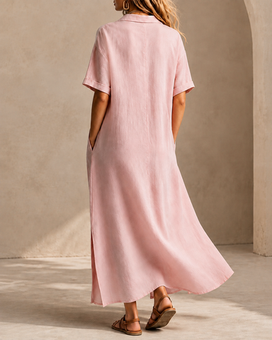Casual Loose Cotton Linen Collared Short Sleeve Long Dress