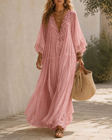 Deep V Lace Chiffon Batwing Sleeve Long Dress
