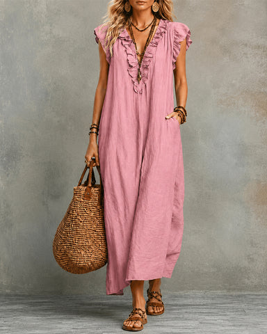 Cotton Linen V-Neck Maxi Dress