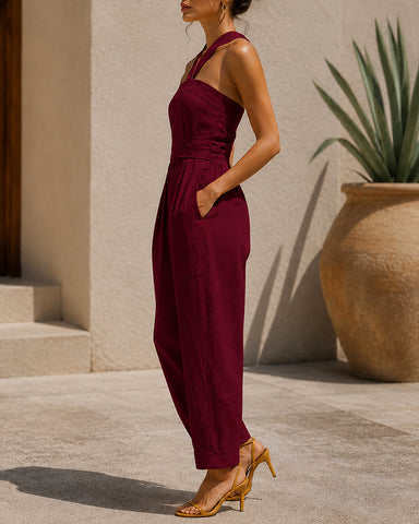 Cotton Linen Slim Fit Cross Neck Sleeveless Jumpsuit