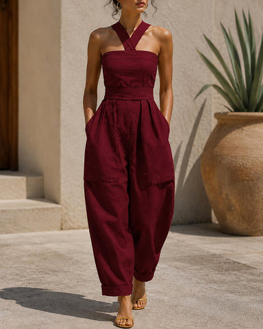 Cotton Linen Slim Fit Cross Neck Sleeveless Jumpsuit