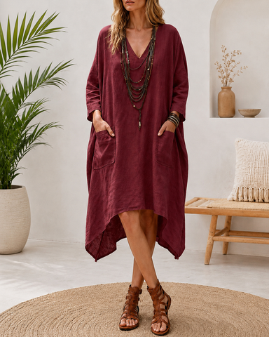 Deep V Cotton Linen Irregular Casual Loose Dress