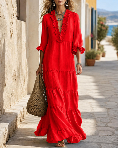 Bohemian Deep V Ruffle Casual Cotton Linen Long Dress