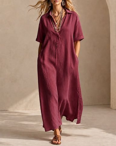 Casual Loose Cotton Linen Collared Short Sleeve Long Dress