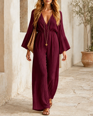 Relaxed V-Neck Wide Leg Jumpsuit